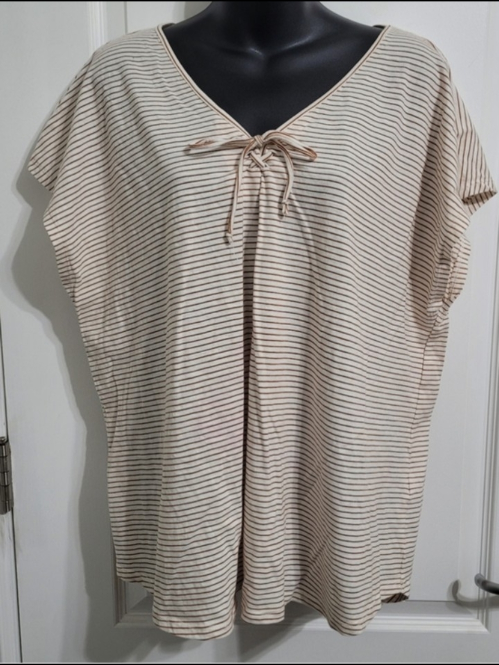 Striped Tie-Neck V-Neck Tunic Top in Beige and Black